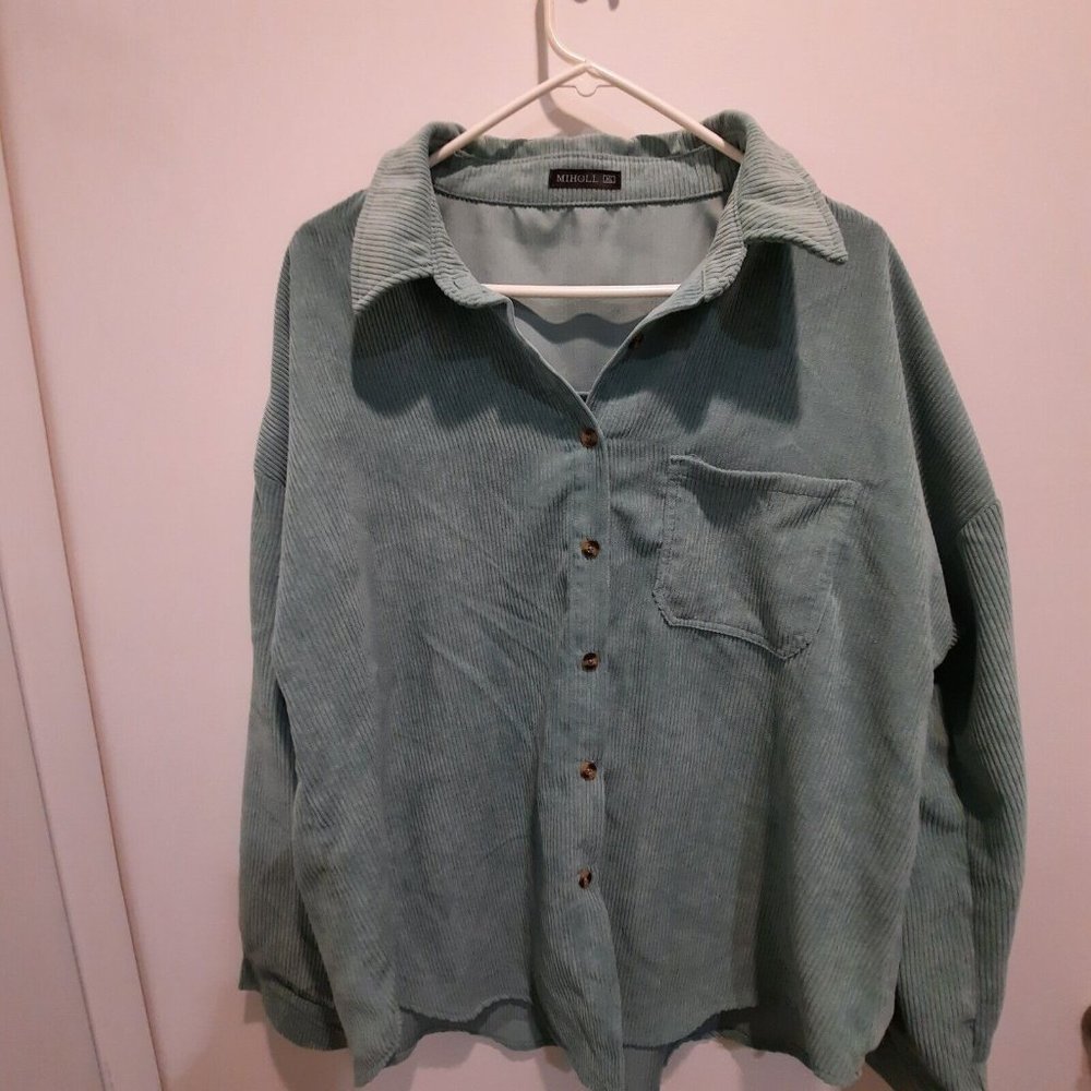MIHOLL Wide Wale Corduroy Long Sleeve Shirt Pocket Seafoam Green Size XL